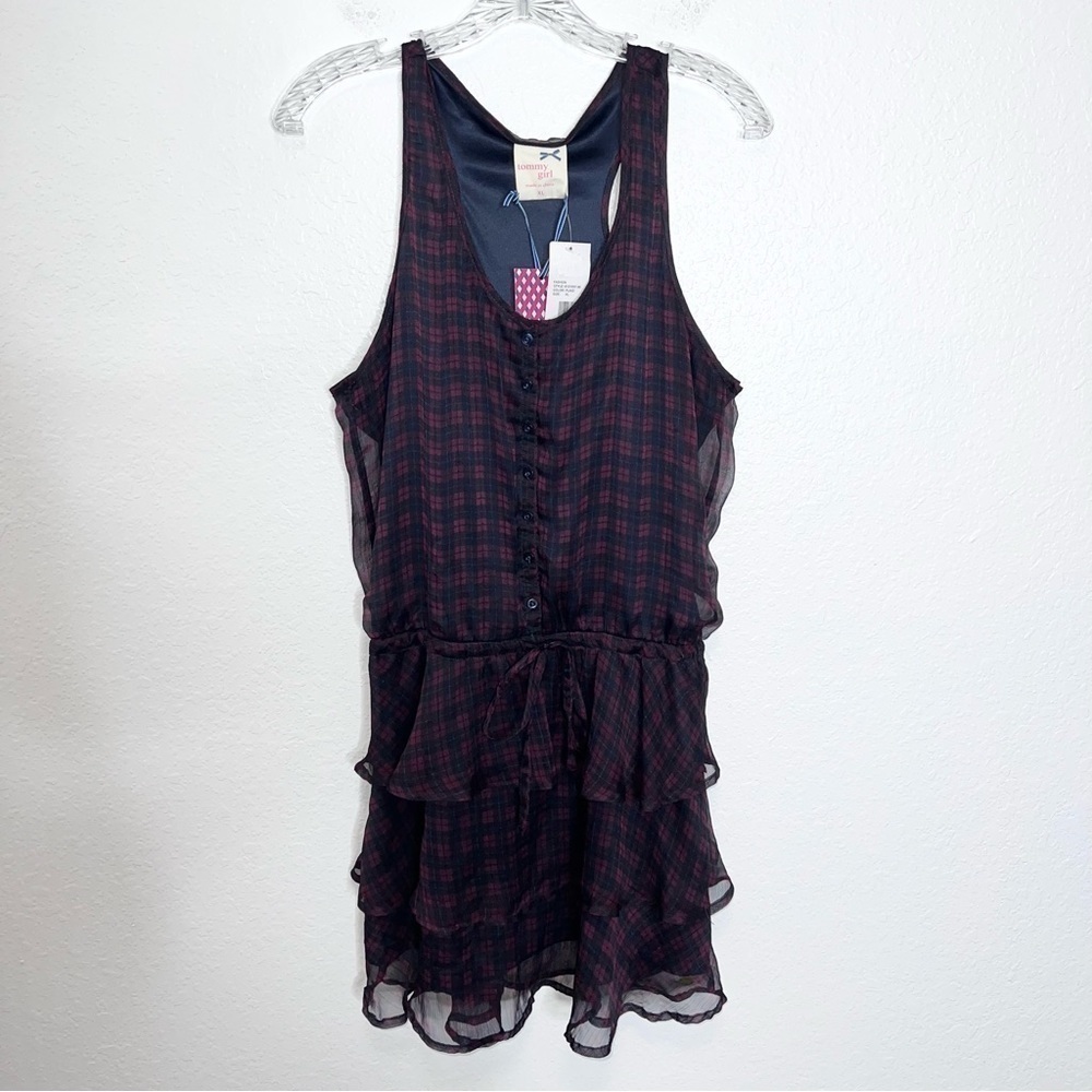 Tommy Girl Dress XL Plaid Red Navy Blue Ruffled Button Front Holiday C2